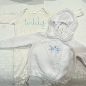 3-6 mo Teddy onesie and 6 mo Teddy hooded sweater. Both embroidered.